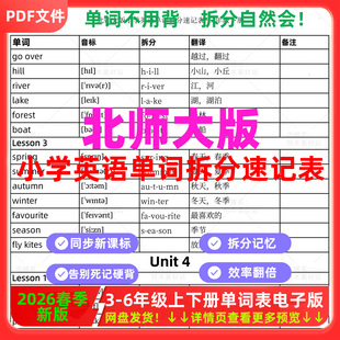 北师大版小学三四五六年级上下册英语单词词汇速记表拆分自然拼读