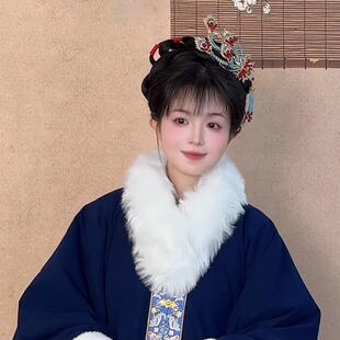 福鹿记汉服配饰仿貂毛围脖秋冬雪貂白毛领奶杏围巾尘烟灰披袄保暖