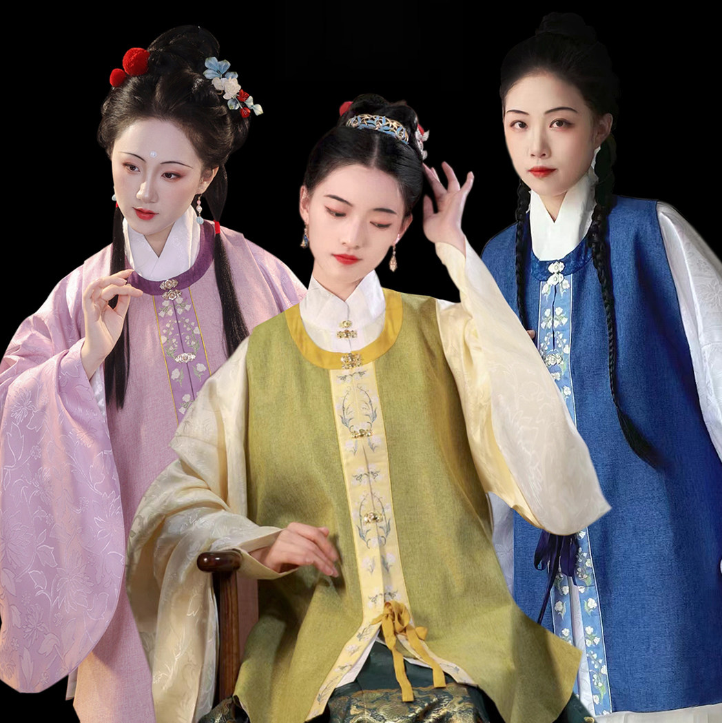 福鹿记[铃兰香]比甲钴蓝柳黄绿圆领平纹呢退红明制汉服暗纹春秋冬