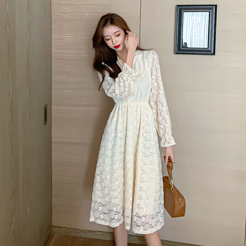 Fairy Dress V-neck slim fall 2020 new style lace dress long sleeve medium length Plush thickened skirt