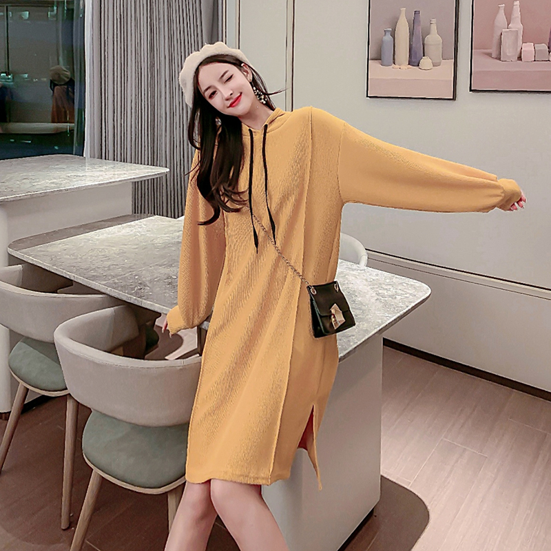 Young girl Korean loose solid color hooded long sleeve dress with lazy style