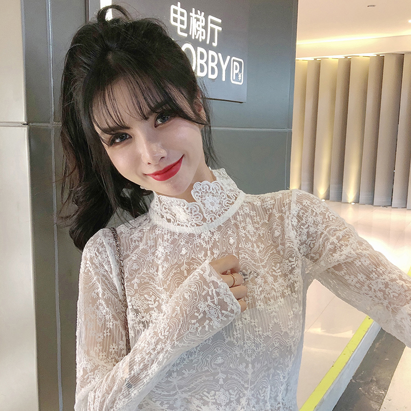 2021 spring new women's dress embroidered lace bottomed shirt women's mesh with foreign style sexy small shirt long sleeve top