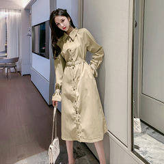 Spring new long sleeve dress women's fashion temperament medium length lace up waist thin single breasted dress