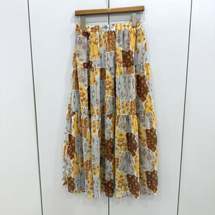 A68-86298欧货春时尚松紧高腰宽松显瘦垂感雪纺纱印花中长半身裙