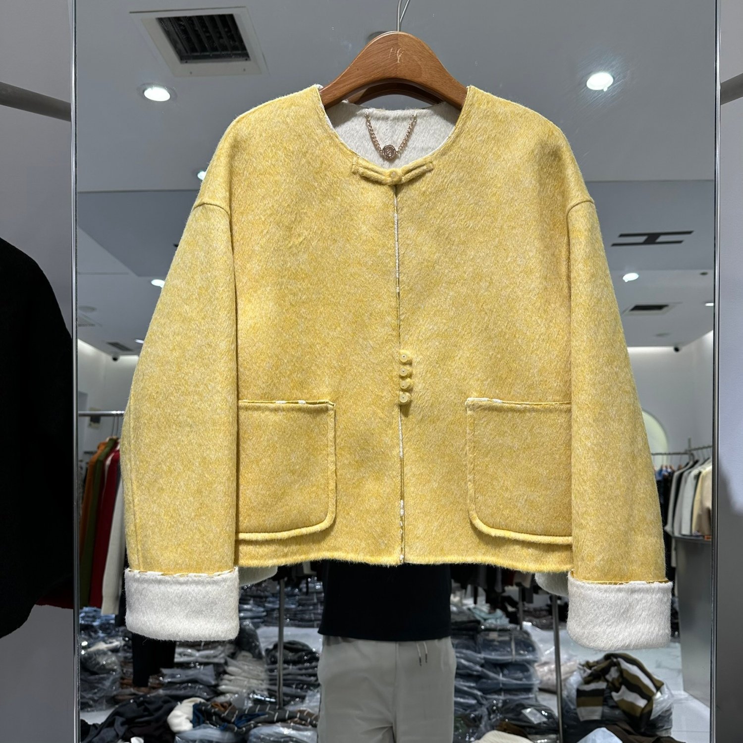 113-281337欧洲站2025秋时尚圆领盘扣国风双面羊绒羊毛大衣外套女