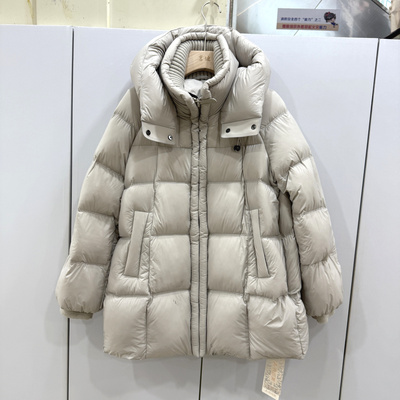 622欧洲站25冬时尚休闲加厚保暖连帽立领白鸭绒中长款泡芙羽绒服