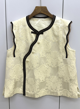 26621欧洲站26春斜门禁扣圆领复古提花波纹花边复古洋气马甲外套