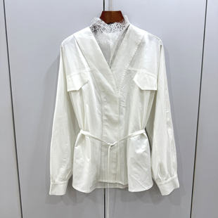 上衣女 V领系带收腰一手长衬衫 L68931欧货2026春时尚 透视蕾丝背心