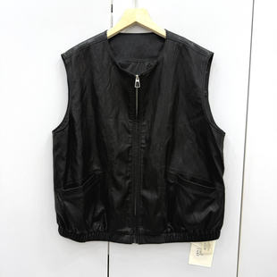 M8051欧洲站2026春时尚圆领拉链下摆松紧百搭显瘦短款PU皮马甲女