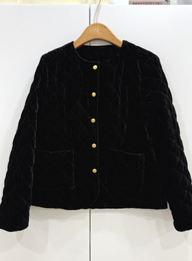 L6693欧洲站25冬时尚单排扣圆领菱形格桑蚕丝丝绒鹅绒短装羽绒服