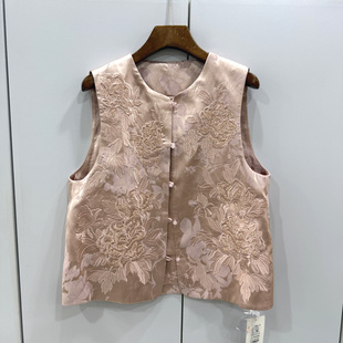 89579欧洲站26春珍珠单排扣圆领钉珠刺绣花重工国风洋气马甲外套