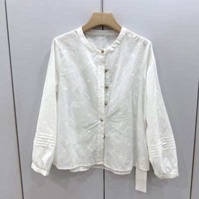 61236欧洲站韩系圆领刺绣衬衫单排扣百搭显瘦灯笼袖纯棉上衣小衫