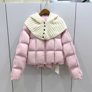 加厚泡芙羽绒服女 百搭针织围脖连帽短款 PINK 89165欧洲站25冬时尚