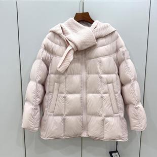 D58863欧洲站25冬针织围巾连帽披肩方块纹休闲A字小个清新羽绒服