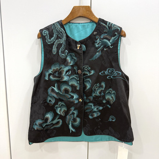 2608欧洲站26春新款 三粒扣重工桑蚕丝刺绣花复古国风马甲外套 时尚