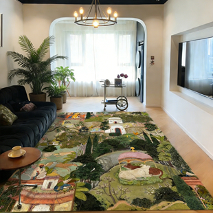 法式复古南洋风绿色地毯中古轻奢客厅茶几毯免洗卧室床边防滑地垫