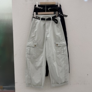 欧货JEANS韩酷莱66373牛仔裤女夏款高腰宽松大口袋弯刀工装裤薄料