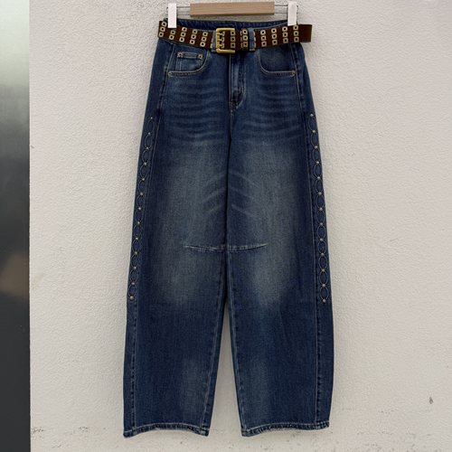 秋JEANS佐拿 芭度玄风61602牛仔裤女高腰水洗蓝压花弯刀裤香蕉裤