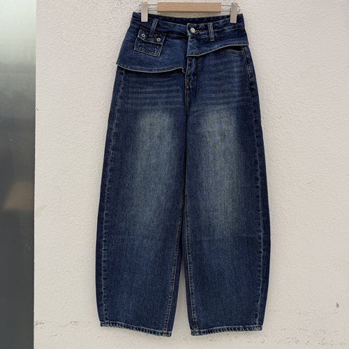 JEANS蓝小妞20386高腰假两件屁帘阔腿牛仔裤女2026秋宽松弯刀裤潮