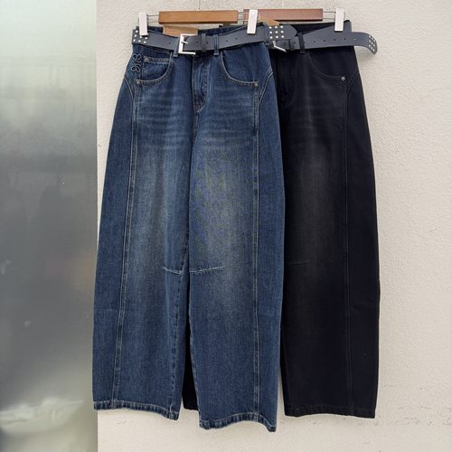 秋JEANS红提子19081 19082牛仔裤女高腰显瘦弯刀裤绣花拖地裤长裤