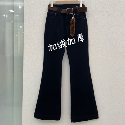 JEANS爆犀牛25814加绒加厚纯黑弹力牛仔裤女百搭微喇长裤冬新款