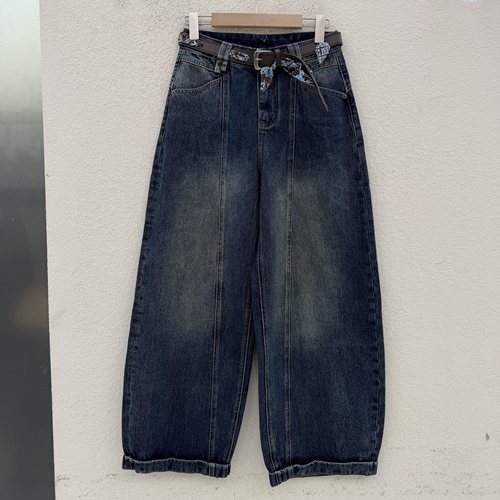秋款CC JEANS2690牛仔裤女高腰腰带丝巾水洗弯刀裤压线香蕉裤2026