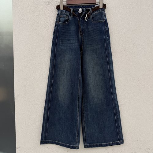 Jeans金蚂蚁26690 秋韩版高腰显瘦四面弹双边条筒裤女牛仔阔腿裤