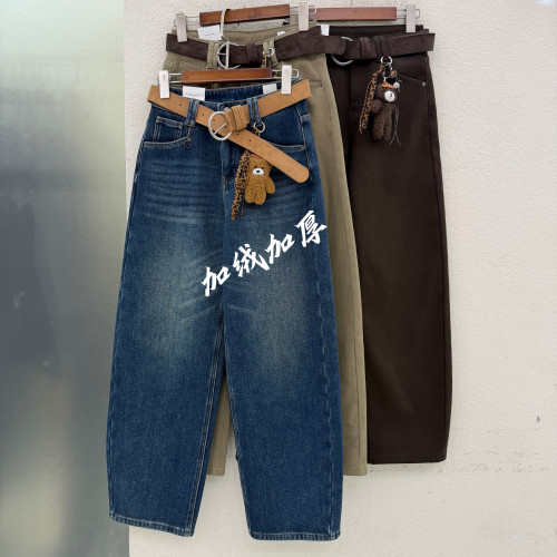 JEANS20305加绒加厚显瘦牛仔裤弯刀阔腿拖地牛仔裤2026冬款欧货女