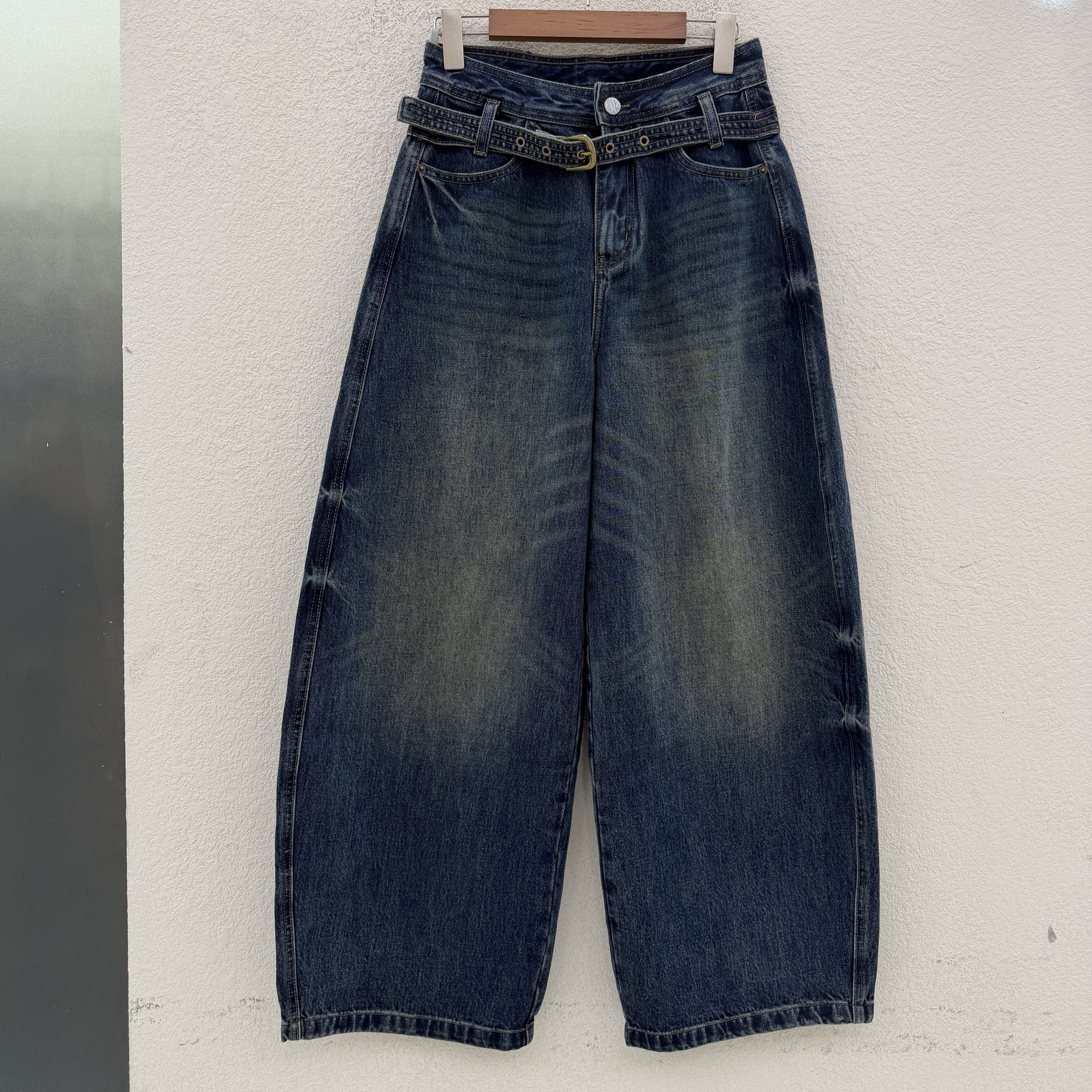 JEANS秋新款金蚂蚁26728欧货蓝色阔腿弯刀裤高腰宽松女牛仔裤2026
