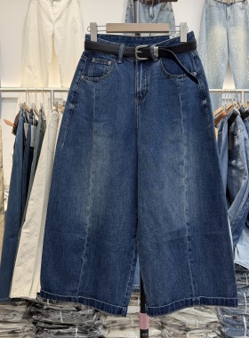 A FASHION JEANS阿凡牛5617女高腰卷边阔腿牛仔裤八分弯刀裤夏款