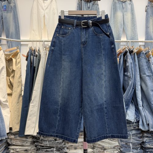 A FASHION JEANS阿凡牛5617女高腰卷边阔腿牛仔裤八分弯刀裤夏款