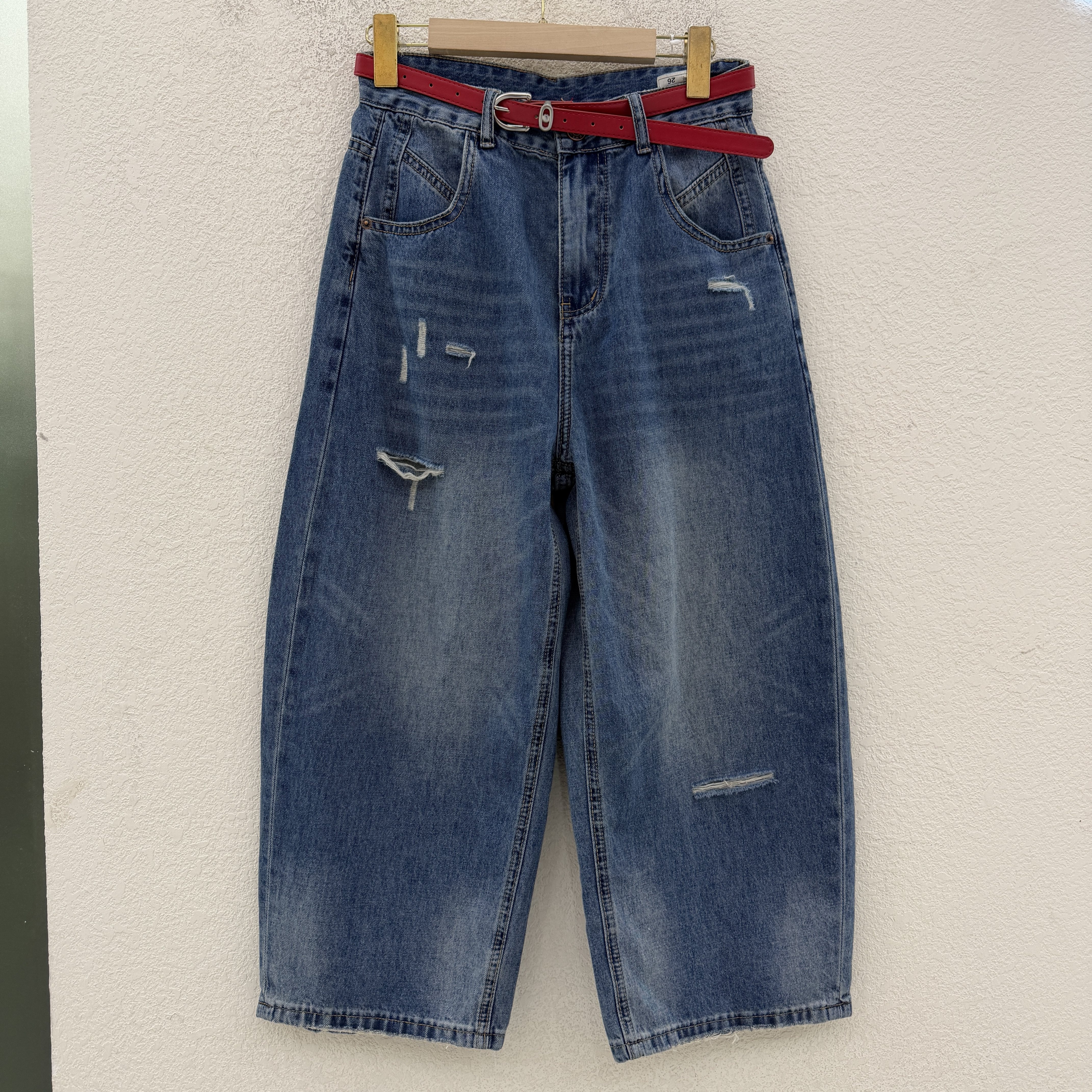 欧货潮牌FASHION JEANS 26255牛仔裤女破洞宽松阔腿裤八分弯刀裤