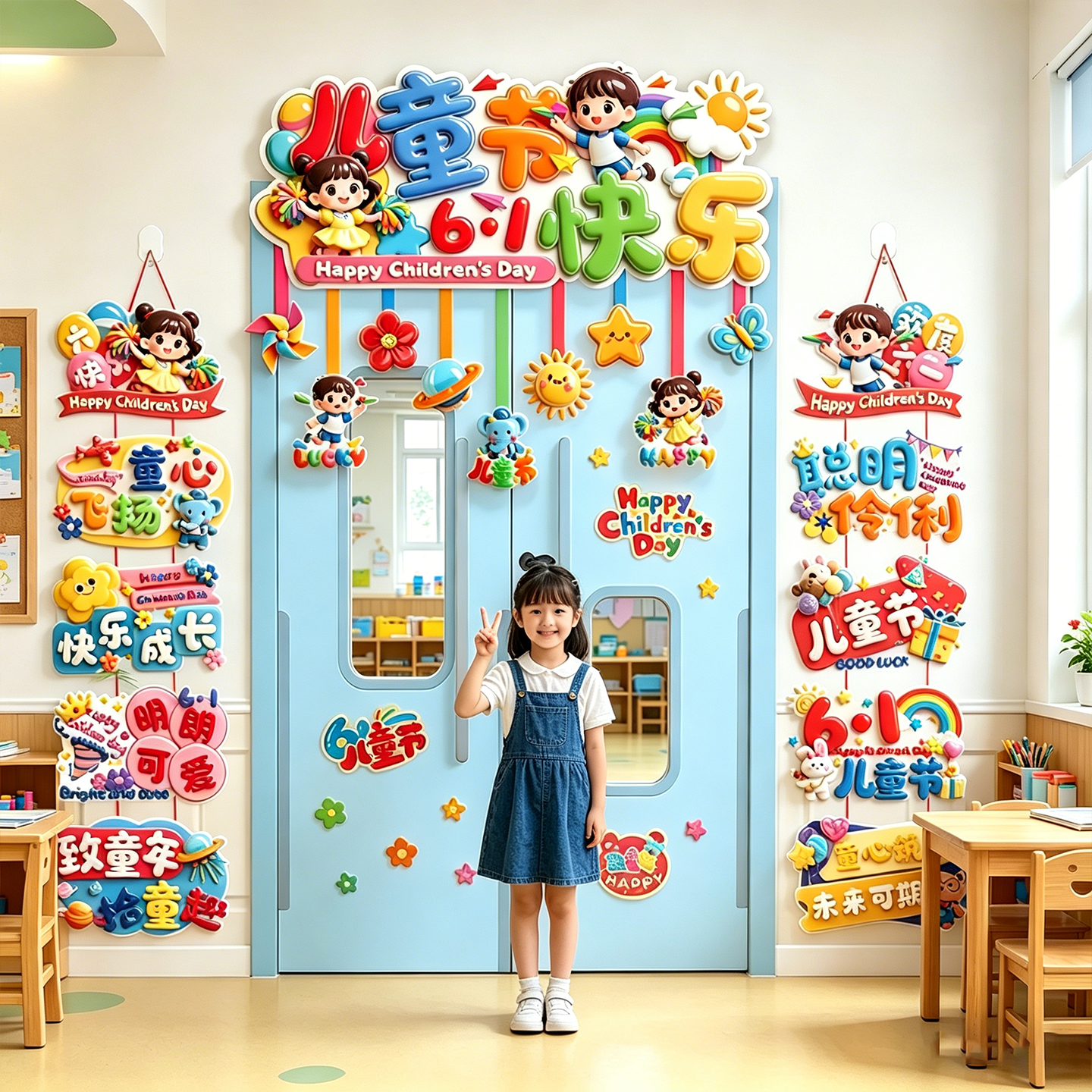 六一儿童节教室门装饰横彩门头幼儿园学校61氛围彩色场景布置挂饰