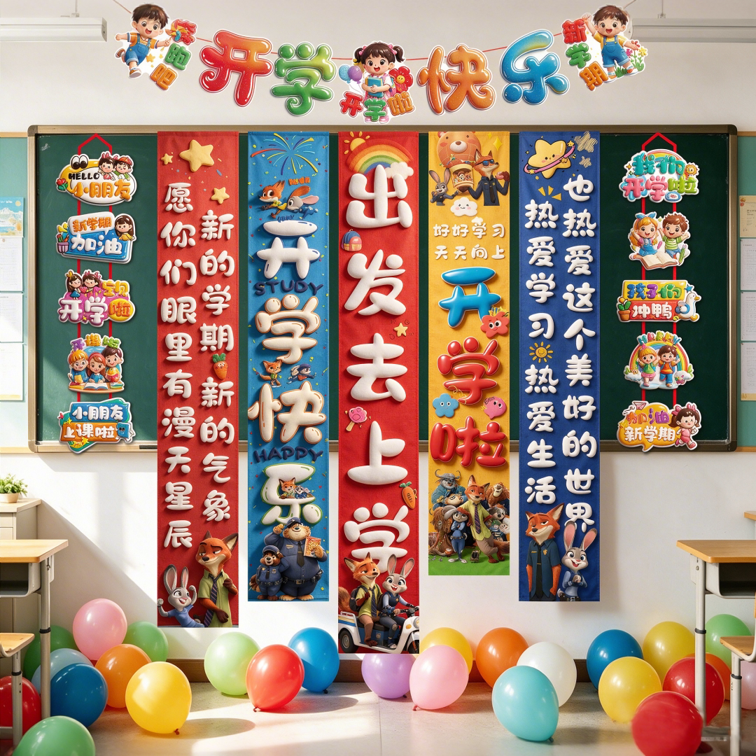 小学幼儿园教室班级黑板秋季开学仪式感氛围布置装饰挂布气球背景