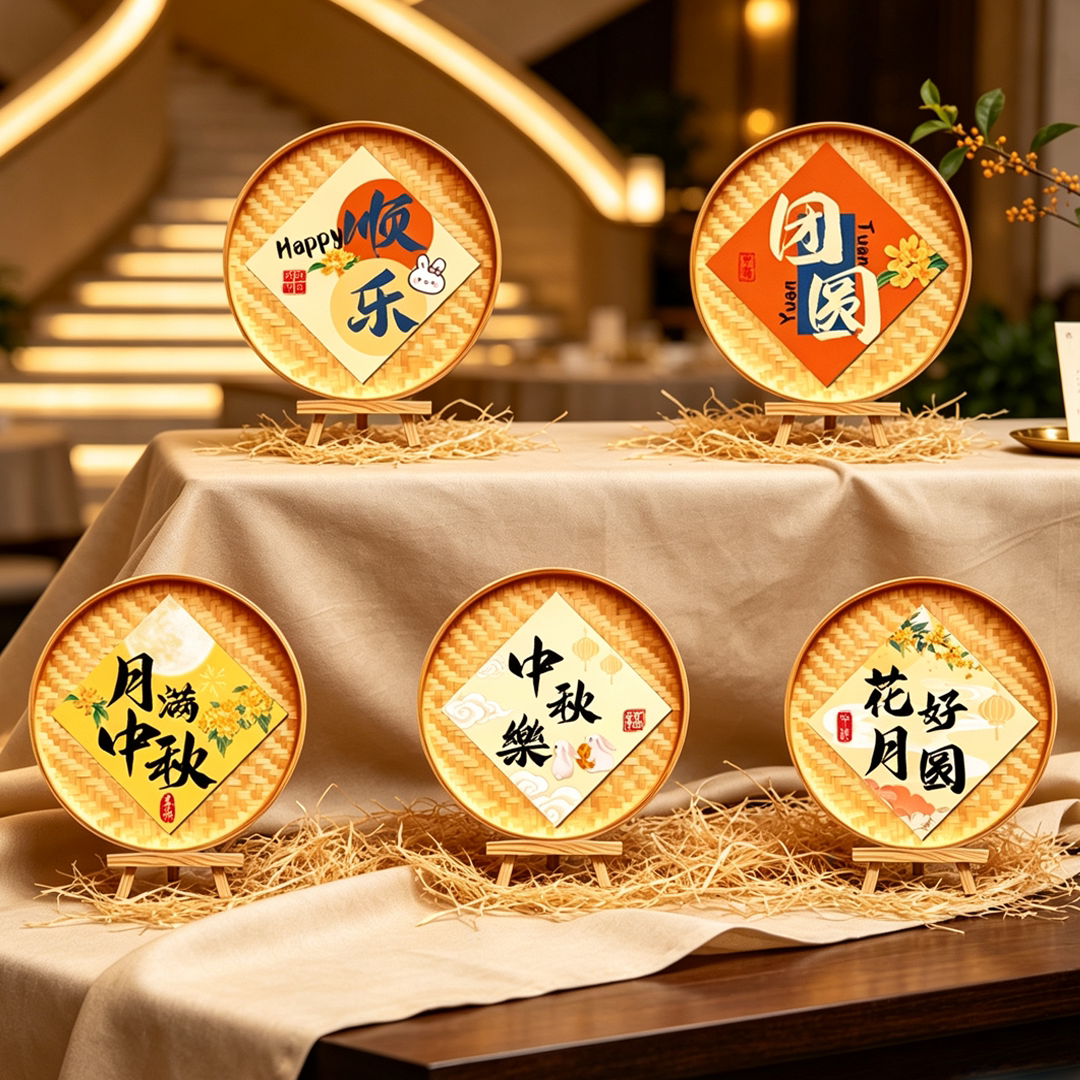 中秋节氛围装饰仿竹盘kt板小摆件商场门店超市背景墙节日装扮布置