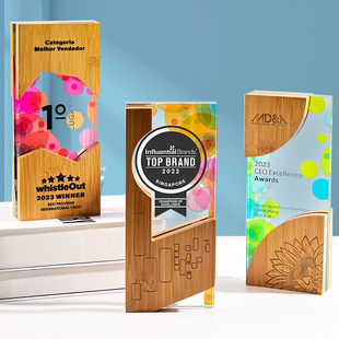 东南原创新款创意竹木元素时尚造型水晶奖杯奖牌彩色印刷个性定制