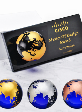 创意简约精致水晶蓝色地球造型金银铜奖杯奖牌活动颁奖纪念品HOT