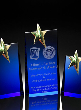 东南水晶蓝色斜板商务礼品大型活动颁奖奖杯奖牌厂家直销定制HOT