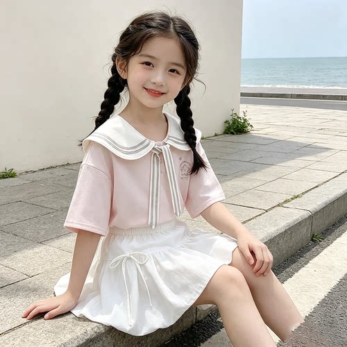 新款女童套装夏季时髦学院风娃娃领短袖花苞裙中大童洋气两件套夏