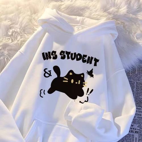 新款冬季连帽童装卫衣女上衣韩系学院风加绒宽松百搭猫咪印花外套