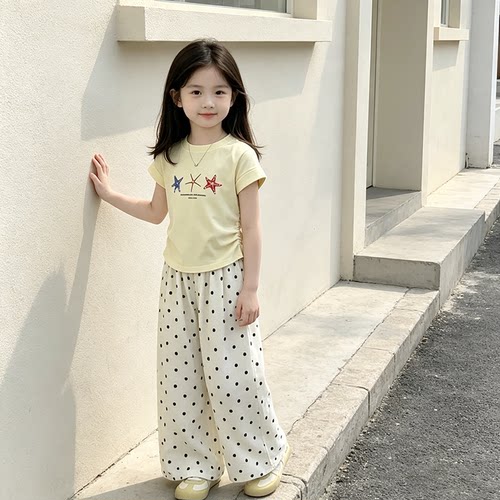 女童夏季新款套装2026新款儿童短袖T恤夏装小清新波点洋气两件套