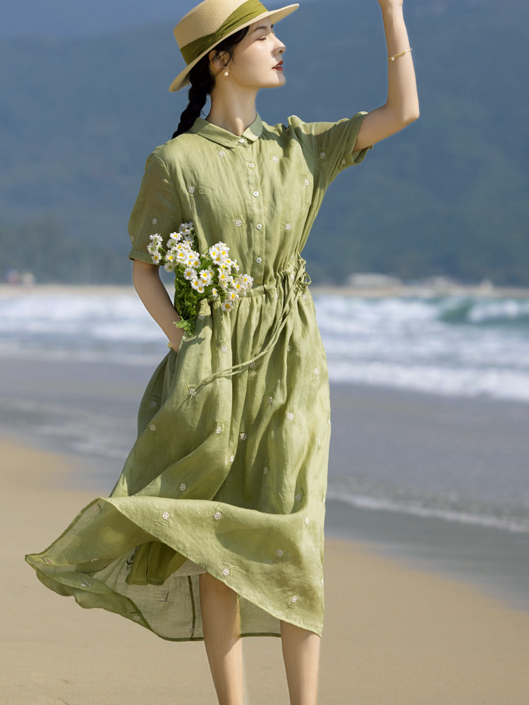 韩潮苎麻连衣裙女2023夏季新款抽绳系带轻薄棉麻中长裙衬衫裙刺绣