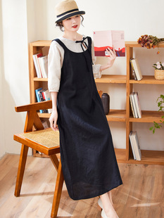 青梧 后背风景 减龄亚麻黑色连衣裙2023春装新款女装背带裙子麻色
