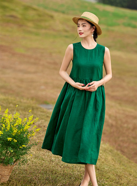 手工 原创春夏一抹绿 浓绿色高腰无袖直角肩背心款亚麻连衣裙大摆
