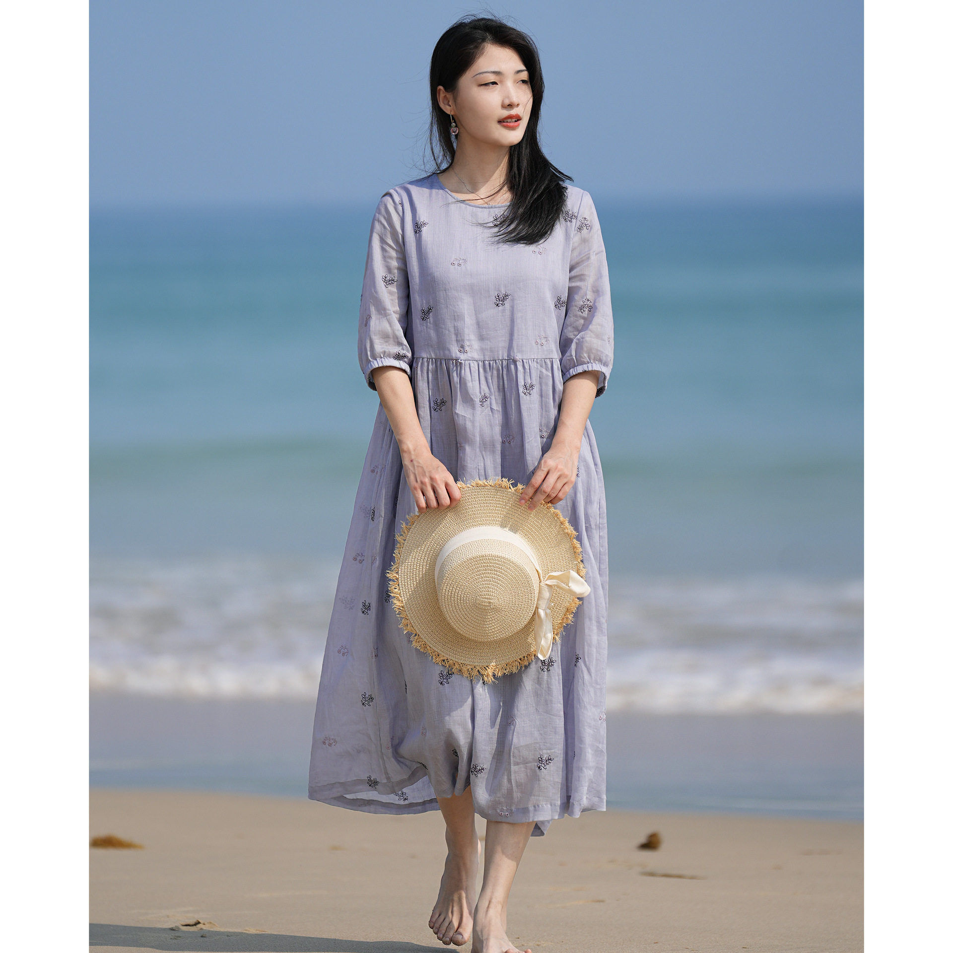 2024原创设计苎麻宽松大码飘逸大摆文艺棉麻紫色连衣裙子女文艺