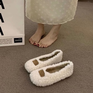 法式奶杏圆头毛毛加绒勃肯鞋女外穿秋冬软底一脚蹬豆豆鞋棉鞋单鞋