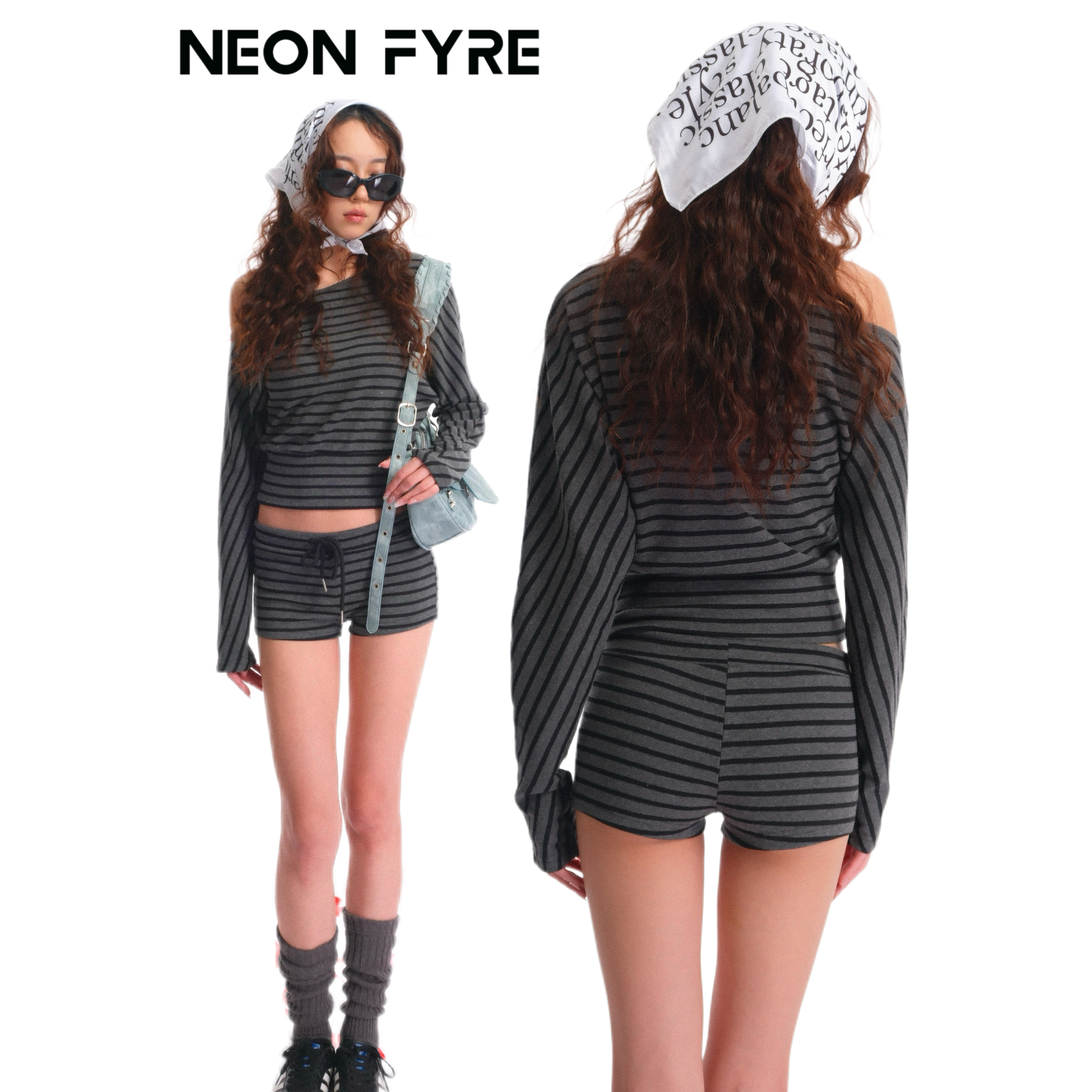 NEON FYRE春夏新【Noir】条纹斜肩套装女针织棉露肩上衣抽绳短裤