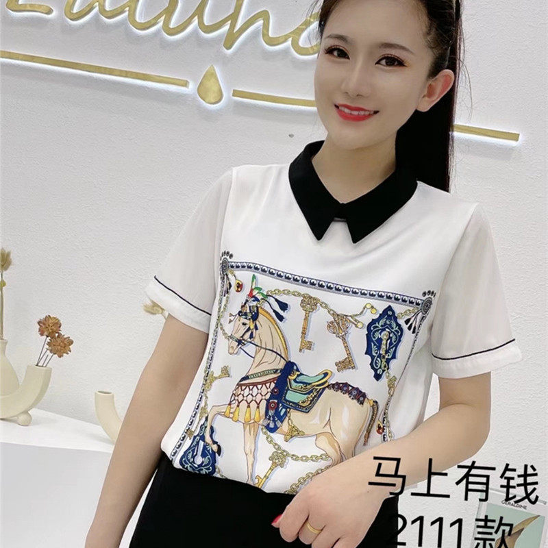 设计感女小众印花雪纺衫洋气衬衫2021夏装宽松短袖小衫女T恤上衣