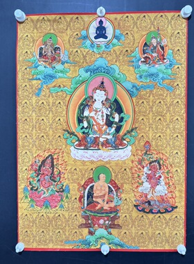 唐卡刺绣五方文殊菩萨挂画藏佛唐卡布画条幅壁画53*83未装裱