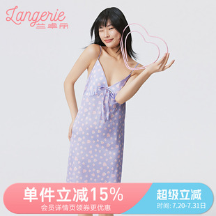 兰卓丽吊带睡裙女性感深V睡衣舒适亲肤冰雪丝爱心印花家居服夏季